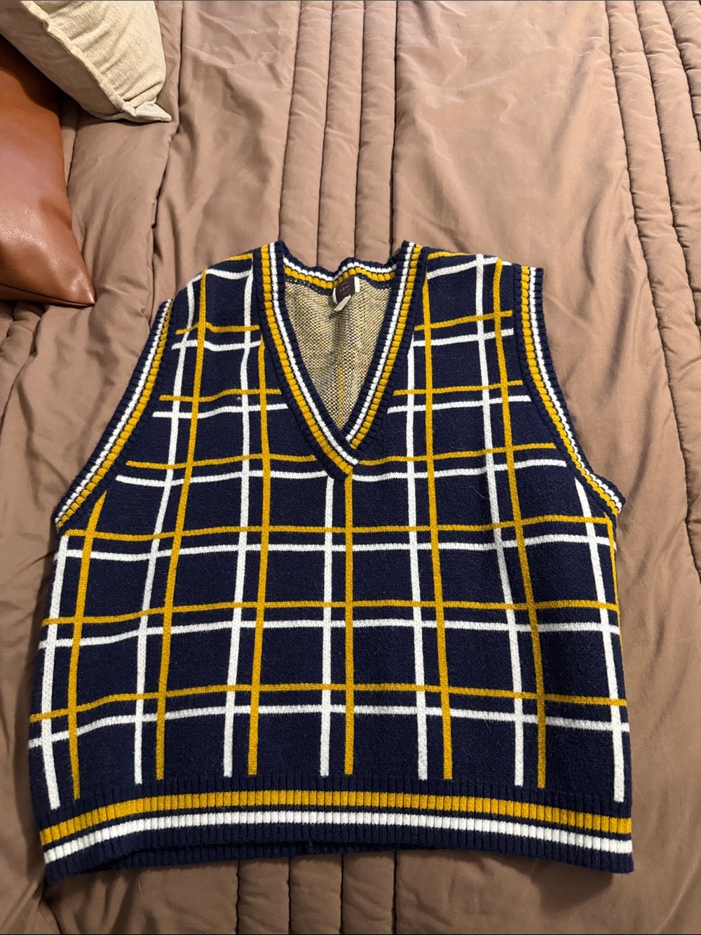 Classic Navy Plaid V-Neck Sweater Vest - Yellow & White Accents